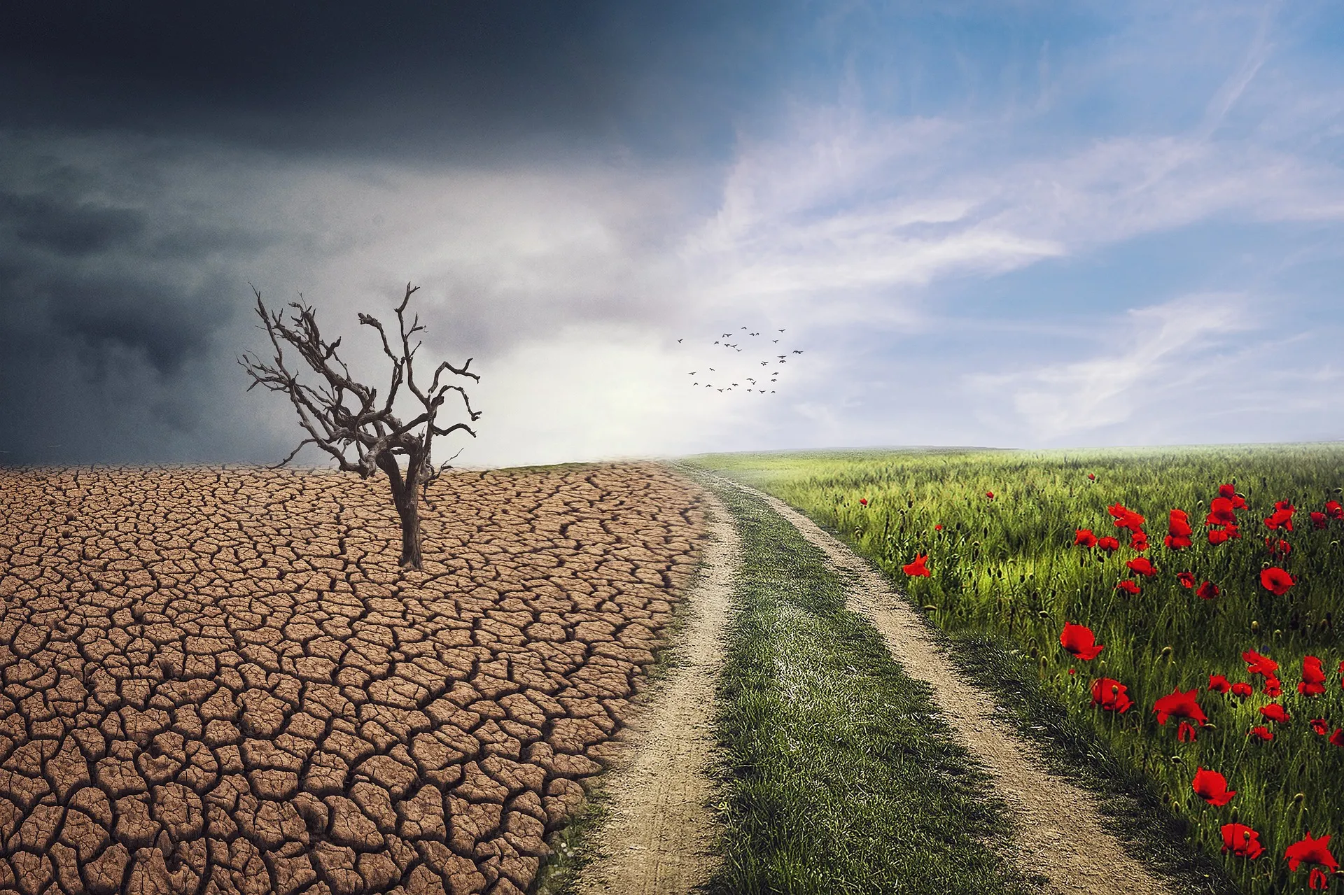A path separates dry ground with a leafless tree from a green field of flowers.