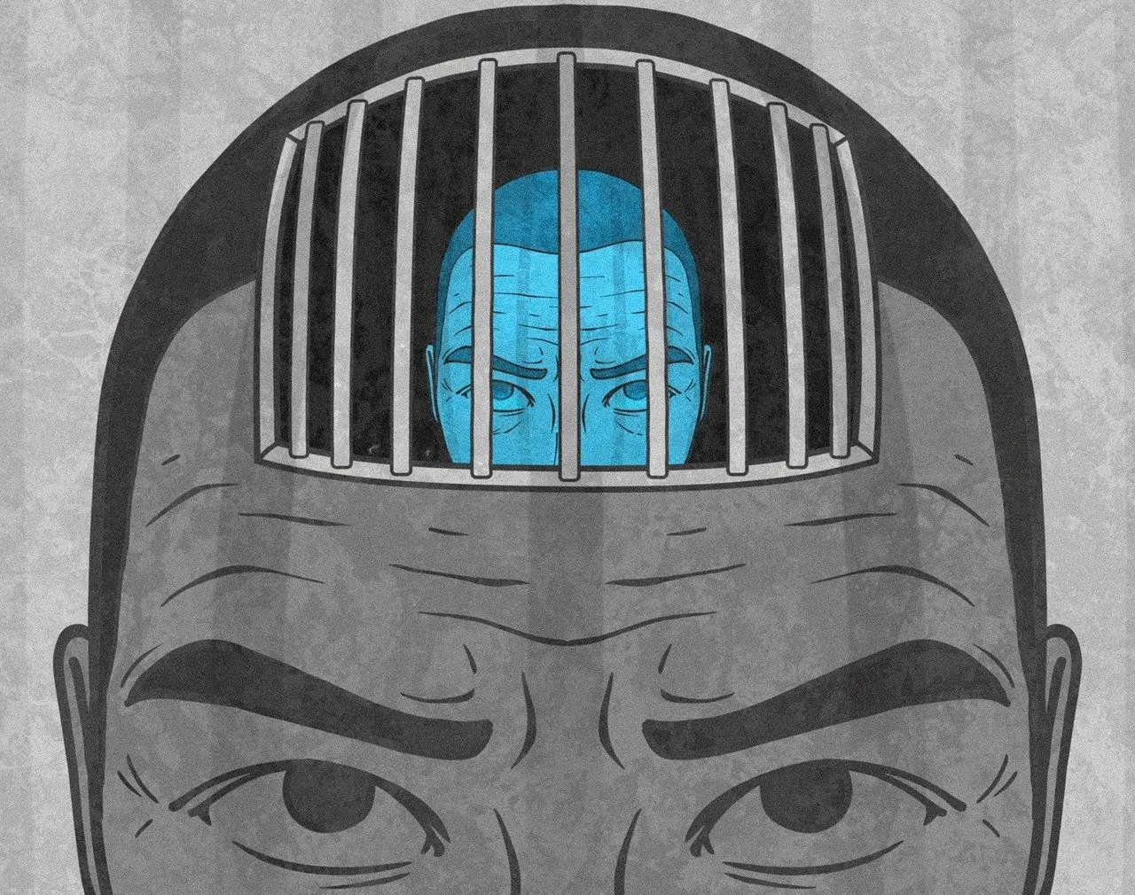 Ilustracja twarzy z drugą osobą zamkniętą za kratami wewnątrz głowy.